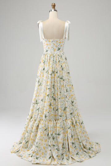 Ivory A-Line Spaghetti Straps Floral Long Prom Dress